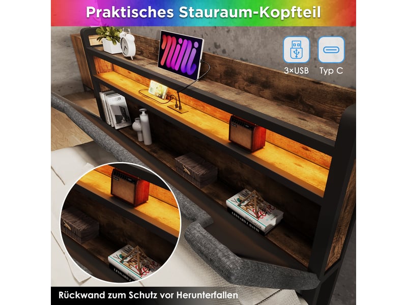  Lit coffre 90x200 avec tête de lit rangement, led télécommande, usb type-c, tiroirs roulettes et sommier métal gris lin  - Conforama E