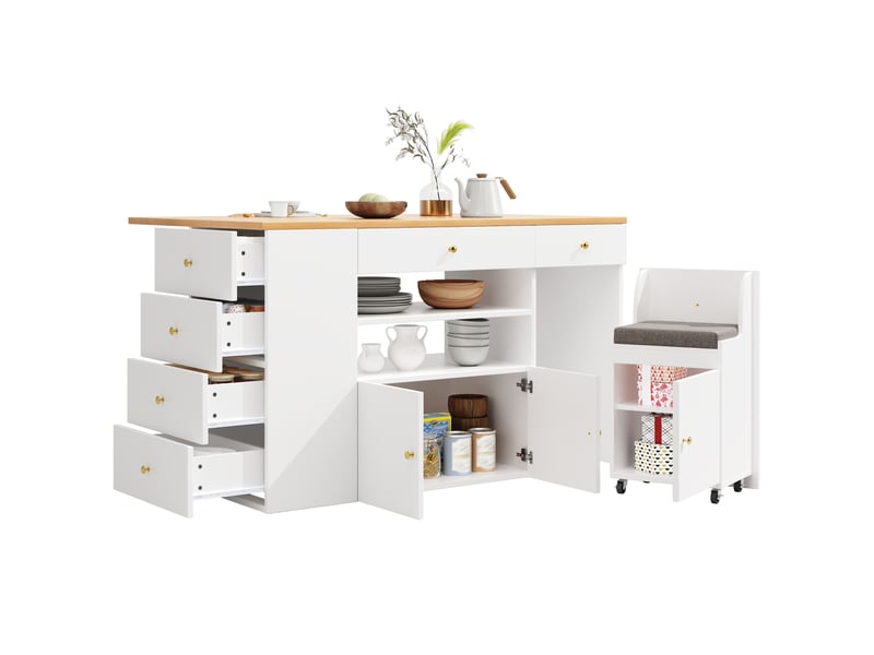  Desserte de cuisine 140x40(70)x90,5 cm, avec 6 tiroirs et tabouret coffre, structure mdf et métal, meuble de cuisine  - Conforama A