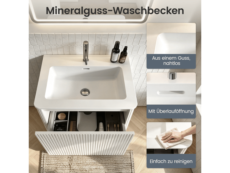  Meuble sous lavabo suspendu avec vasque, tiroir à ouverture par pression - lpospi - façade rainurée mdf, blanc, l 60 cm  - Conforama E