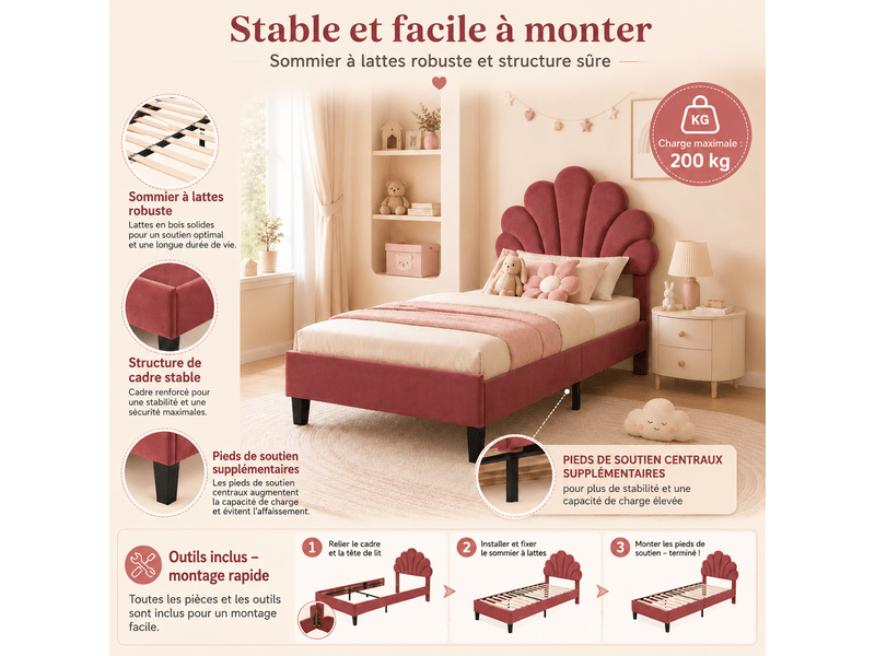  Lit enfant rembourré 90x200, lit simple avec tête de lit en forme de fleur et sommier à lattes, lits 1 personne pour fille adolescent, velours, sans matelas, bordeaux  - Conforama R