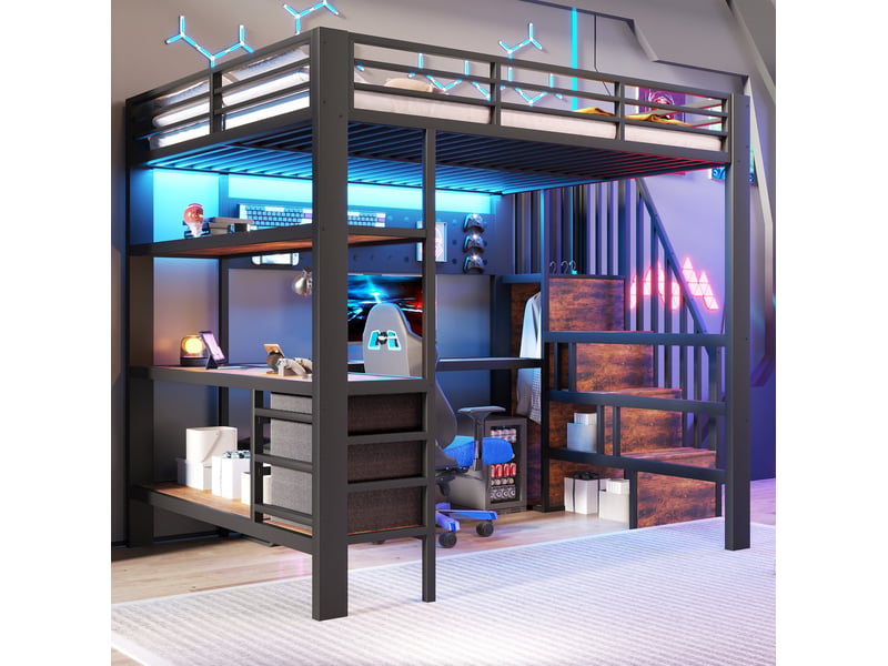 Lit mezzanine 140x200 cm noir en métal et mdf avec bureau, rangements et led - Conforama E