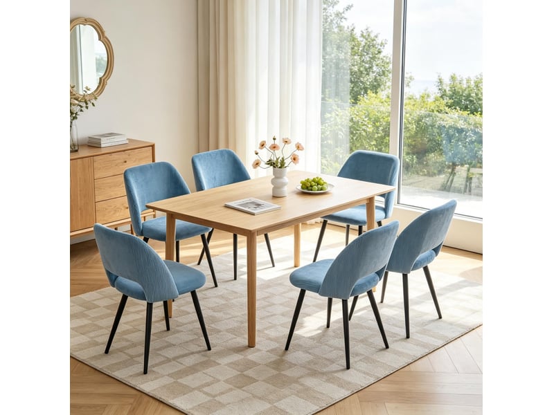  Lot de 6 chaises de salle à manger 48x45x80,5 cm – bleu – tissu côtelé et pieds en métal noir  - Conforama C
