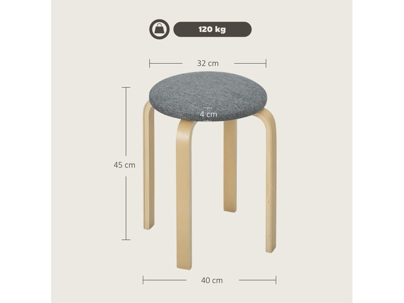 Lot de 4 tabourets de salle à manger 40x40x45 cm en bois gris, ronds et empilables, assise rembourrée  - Conforama C
