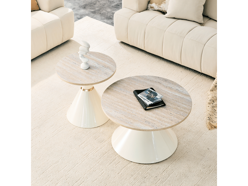  Lot de 2 tables basses gigognes, effet travertin, base métal crème et dorée, gain de place  - Conforama E