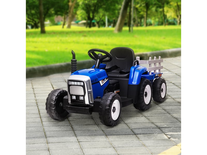  Voiture électrique pour enfants avec remorque, télécommande, phares, vitesse de 3 à 6 kmh, pour les enfants de 3 à 6 ans, bleue  - Conforama D