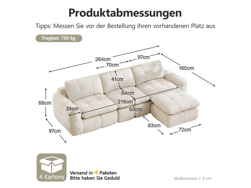 Canapé d'angle modulable 3 places avec ottoman, en chenille beige - Conforama C