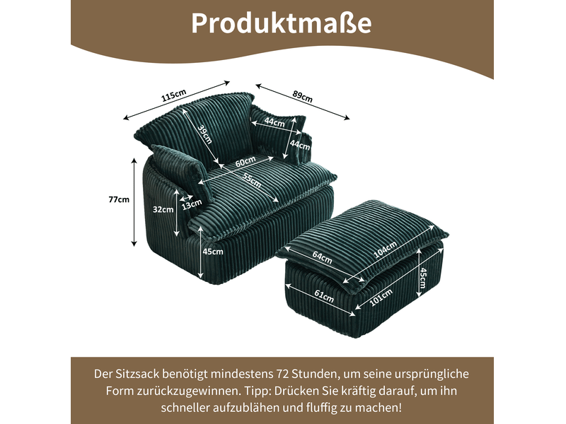  Fauteuil avec repose-pieds tcqpz compressé en velours côtelé vert 115 x 89 x 77 cm avec coussin pour petit espace  - Conforama C