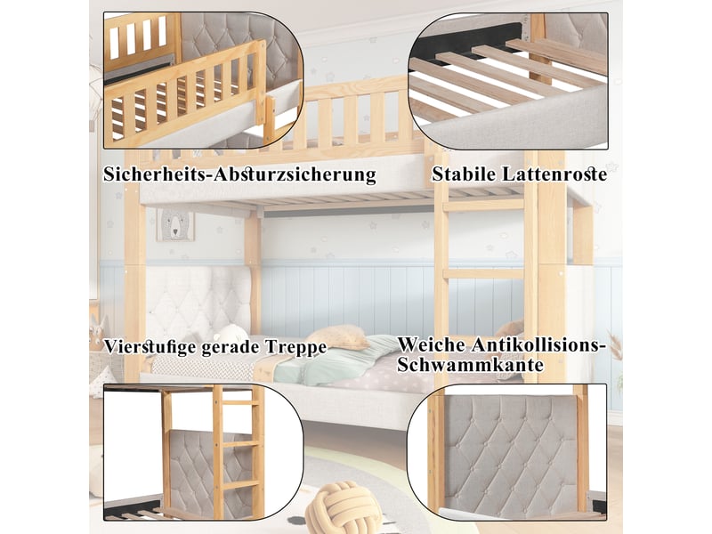  Lit superposé gris et naturel 90×200 cm, hévéa et mdf, bords rembourrés antichoc, escalier droit à 4 marches et sommiers  - Conforama E