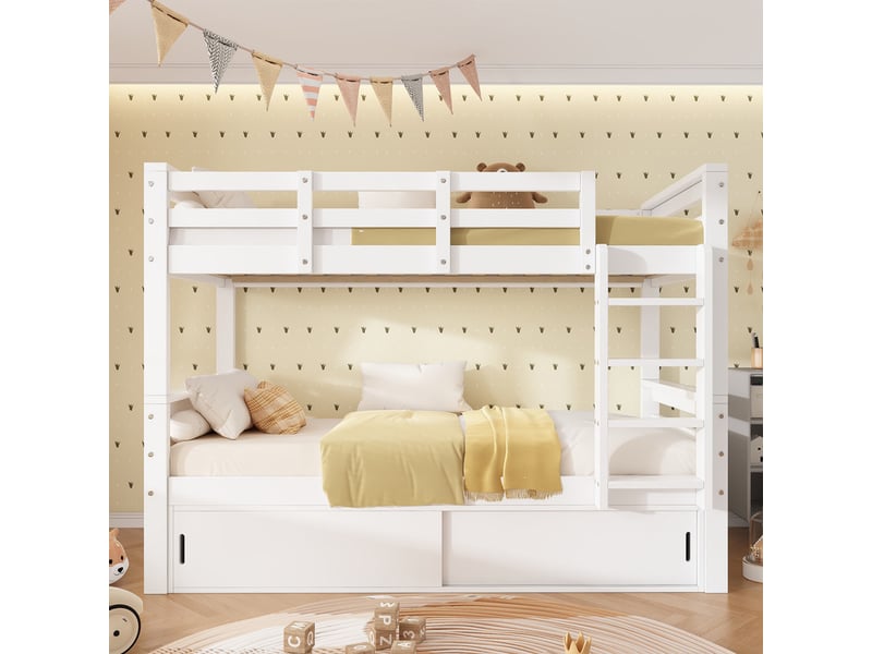  Lit superposé enfant 90x200 cm - avec 2 portes coulissantes - avec échelle - peut être séparé en deux lits simples - bois massif + mdf - blanc (sans matelas)  - Conforama E