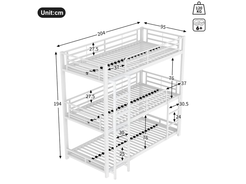 Lit superposé triple 90x200 cm, 3 couchages, échelle et barrières de sécurité, structure métal, blanc OMNIGLINT TRADING LTD - Conforama C
