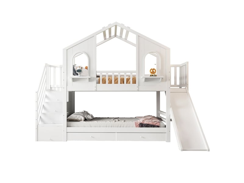  Lit superposé enfant 90x200, structure bois robuste lit superpose cabane, toboggan intégré, échelle rangement, tiroirs coulissants  - Conforama D