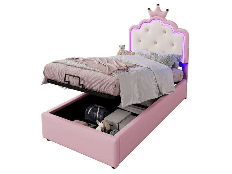  Lit coffre enfant 90x200 cm princesse avec led télécommandée, pu, rose, sans matelas  - Conforama A