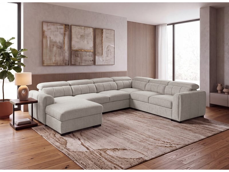  Canapé panoramique convertible avec coffre en tissu bouclette taupe najah - angle gauche KF8047-M2A2-TAU - Conforama B