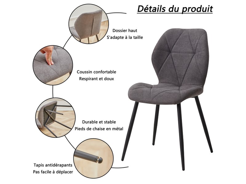 Lot de 4 chaises - chaise de salle à manger vintage en forme de diamant - chaise en lin - pieds en métal(gris foncé) Grand-house - Conforama B