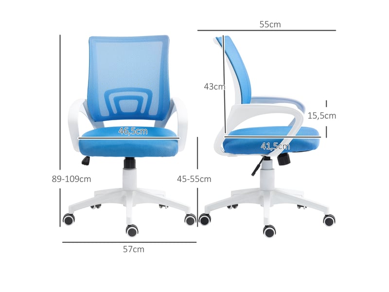 Chaise de bureau pivotante en maille, réglable en hauteur et en inclinaison, avec accoudoirs, capacité de charge de 120 kg, bleu clair - Conforama D