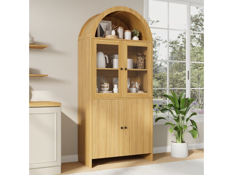  Buffet avec dessus en arc, meuble de rangement fermé à motif ondulé, vitrine à portes vitrées, meuble de salon  - Conforama E