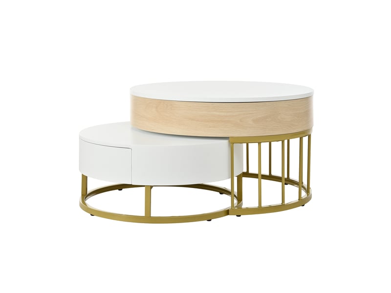  Combinaison de deux tables basses rondes (une grande et une petite), plateau réglable en hauteur, tiroir, structure en métal doré, aspect bois et blanc, corps en mdf, table de salon multifonctionnelle  - Conforama A