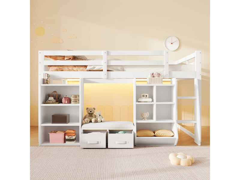  Lit mezzanine 140x200 cm, lit combiné, tiroirs de rangement, rangements intégrés, design moderne, charge maximale 250 kg, bois blanc CozyNest - Conforama D
