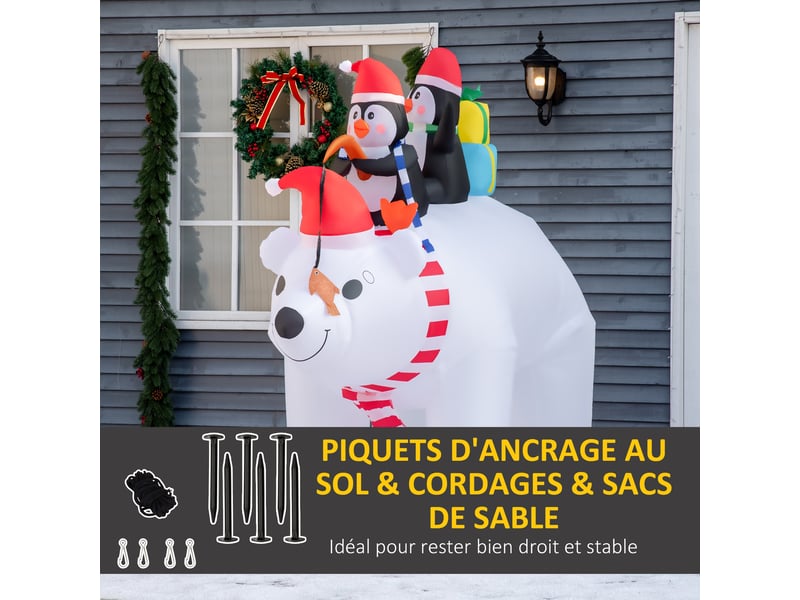  Ours polaire gonflable de noël avec lumières led 206cm décoration gonflable de noël imperméable avec 2 pingouins  - Conforama R