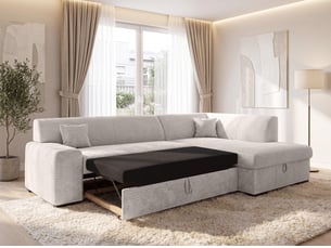 Canapé d'angle droit convertible <strong>AX LIVING </strong> <strong>Lucera</strong> 4 places Velours côtelé blanc avec coffre de rangement