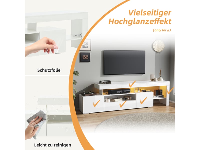  Meuble tv led 192 x 37 x 53 cm blanc brillant, 3 placards, grand rangement, jusqu’à 85 pouces  - Conforama C