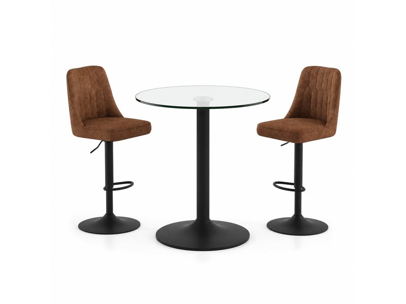 Ensemble bar table ronde en verre ø 89 cm avec 2 tabourets pivotants marron réglables, structure métal noir - Conforama A
