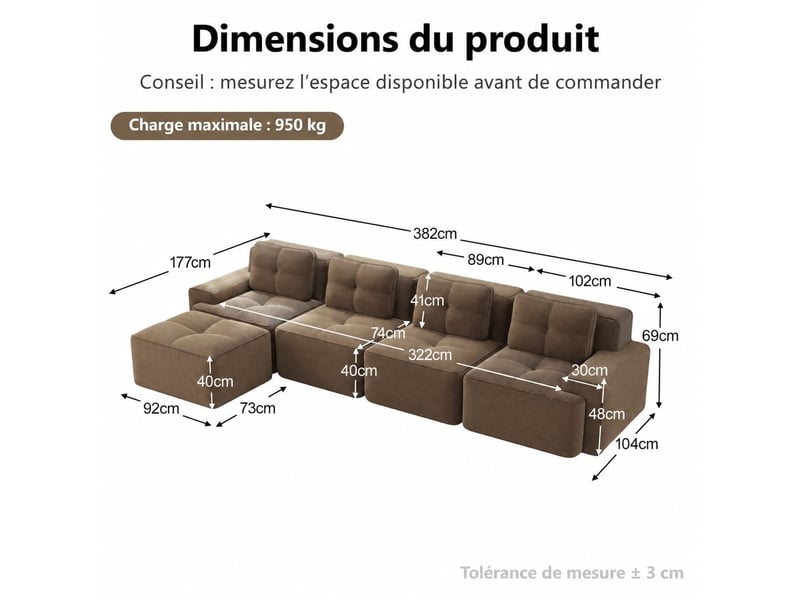  Canapé modulable 4 places avec méridienne, revêtement côtelé et maintien antidérapant, 69 × 382 × 177 cm, marron  - Conforama C