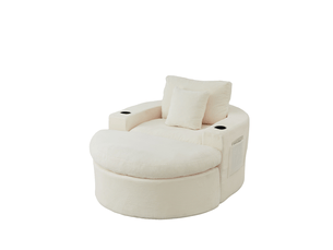 Fauteuil avec pouf modulable, assise à double couche, poches latérales et porte-gobelet, en velours côtelé beige