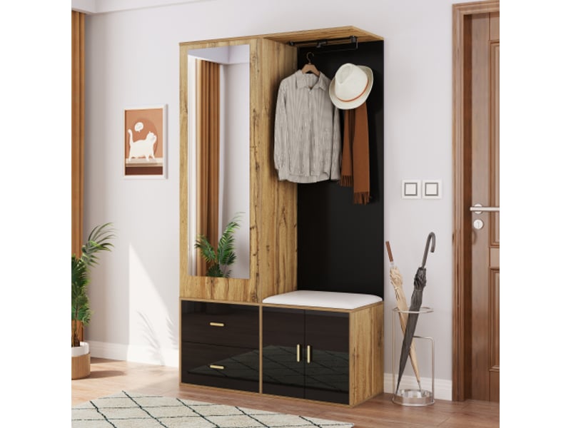  Ensemble entrée noir et bois avec miroir: armoire, banc à chaussures, crochets et cintres rétractables  - Conforama E