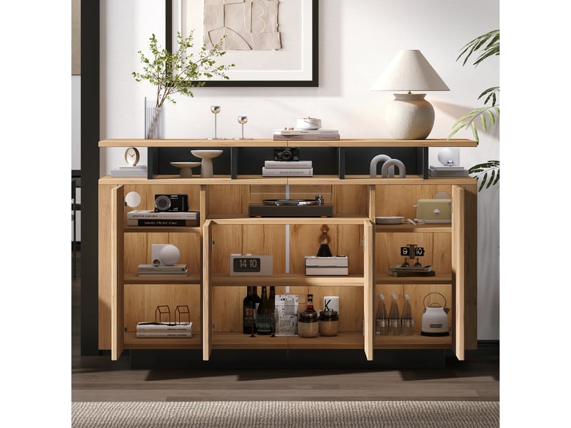  Buffet, naturel, panneau de particules, 140 × 40 × 85 cm, 4 portes, pour salon, entrée et bureau, dispositif anti-basculement  - Conforama D
