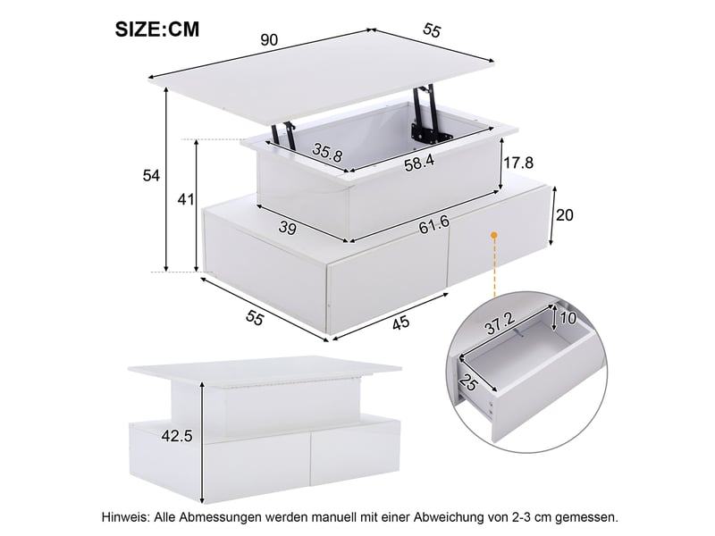  Table basse moderne blanche brillante avec led et 4 tiroirs – plateau relevable 90 x 55 x 41 cm  - Conforama D