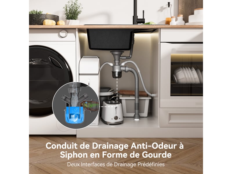 Derw max évier en granit 65x45cm - évier de cuisine noir - avec égouttoir et système d’évacuation - évier à poser - Conforama C