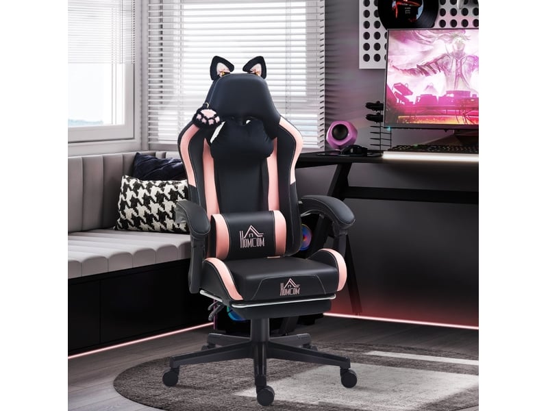  Fauteuil gaming à oreilles de chat rose et noir, dossier inclinable 135° et repose-pieds extensible, jusqu'à 120 kg  - Conforama B