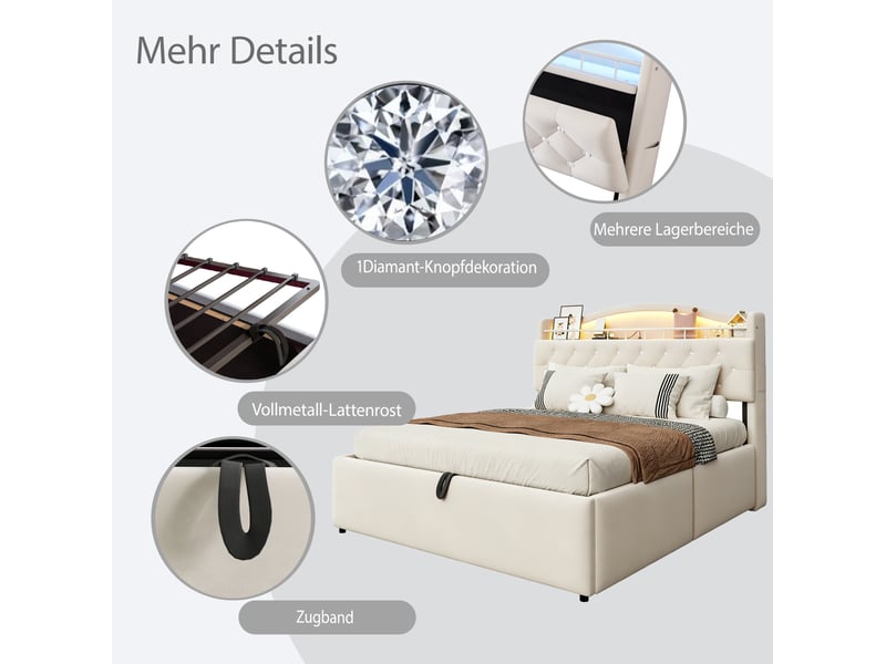  Lit coffre hydraulique 180x200 cm, led usb usb-c, rangements tête de lit, velours et métal, beige sans matelas  - Conforama E