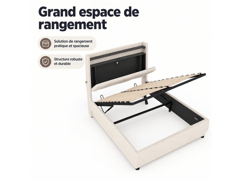  Lit coffre 160 x 200 cm en velours beige avec sommier relevable, tête de lit à étagère, led et ports usb et usb-c  - Conforama A