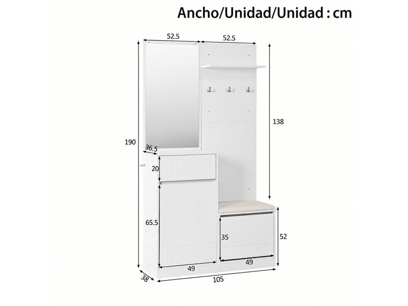 Meubles d'entrée avec miroir, banc et rangement à chaussures, led réglable pour entrée en mdf, 105×38×190 cm, blanc - Conforama E