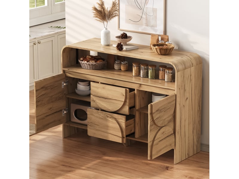  Buffet bas 120x40x86 cm, 2 portes, 2 tiroirs, niche ouverte, éclairage multicolore, usb-a, mdf, brun naturel  - Conforama B