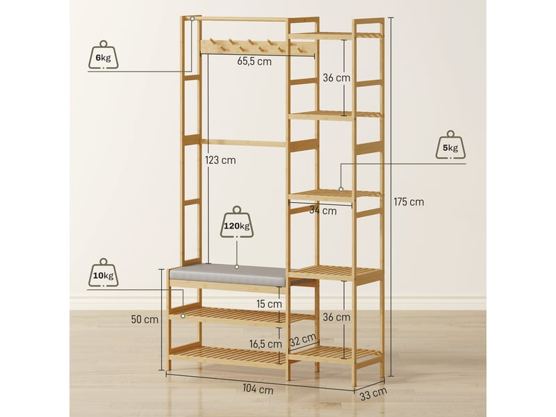Vestiaire d'entrée style naturel bois bambou 5 + 2 étagères 10 patères barre penderie banc - Conforama C