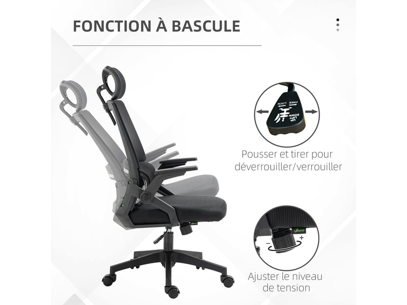  Fauteuil de bureau réglable tissu maille polyester dossier ergonomique pivotant inclinable noir  - Conforama E