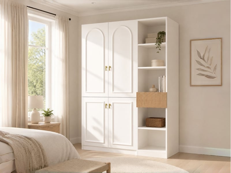  Ensemble penderie-armoire, 135 x 50 x 200 cm, 2 penderies, 3 compartiments fermés et 5 niches ouvertes, finition blanc effet bois  - Conforama B
