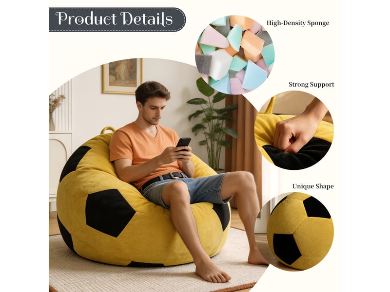 Fauteuil pouf rond en flanelle avec garnissage en mousse à mémoire de forme, pour salon et chambre, jaune et noir - Conforama E