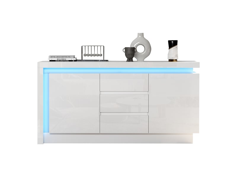 Buffet avec 2 portes, 3 tiroirs, étagères réglables et éclairage led pour salon en panneaux de particules 140×35×72 cm - Conforama A