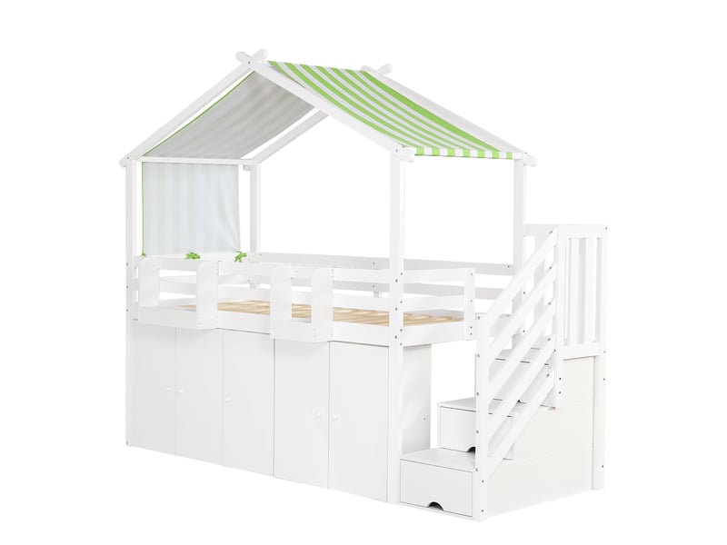  Lit mezzanine avec armoire et escalier rangement, blanc et vert  - Conforama R