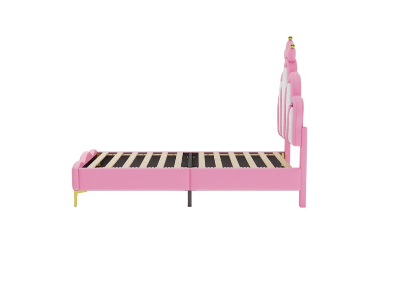  Lit princesse 90x190cm lit une place jeune avec tête de lit couronnée, led et sommier à lattes, rangement sous lit pour chambre de fille,sans matelas, pu,rose  - Conforama B