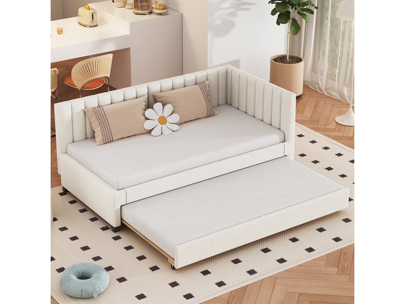 Lit banquette convertible 90 x 200 cm, canapé-lit avec lit gigogne en velours beige - Conforama R