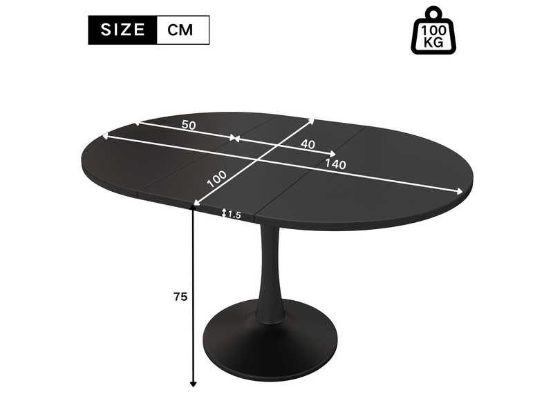  Table à manger 140x100x75 cm, design simple et moderne, ovale extensible, en mdf, noir  - Conforama C