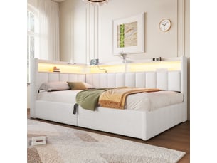 Lit banquette 90 x 200 cm avec coffre de rangement hydraulique, bandeau led, meuble latéral réversible gauchedroite et port usb, sans matelas - design gain de place