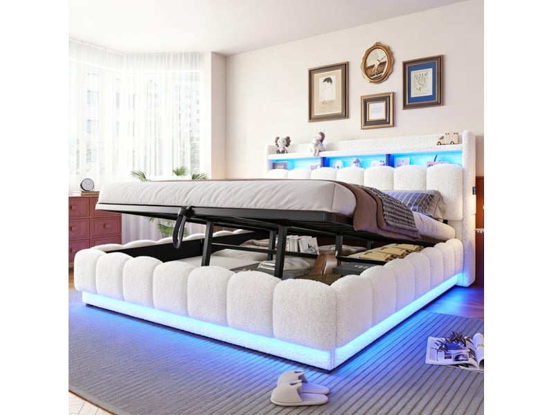 Lit coffre 180 × 200 cm 2 places avec led, usb et prise, sans matelas, en tissu teddy et métal, blanc - Conforama C