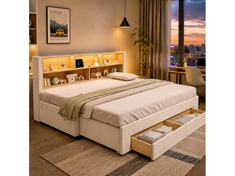  Lit banquette extensible 90x200 cm en velours beige avec rangement, led et usb  - Conforama B