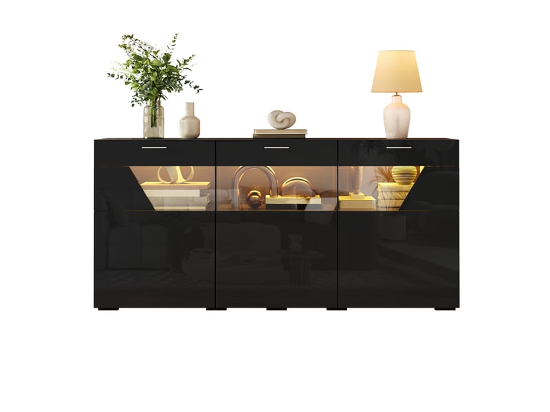  Buffet 3 portes 6 compartiments avec led pilotée par application 160x38x78 cm noir  - Conforama A